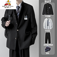 稻草人DK制服一套裝熱血高校校服中山裝小西服男女學(xué)院風(fēng)百搭jk班服外套 黑色西裝+襯衫+西褲 領(lǐng)帶/胸牌/腰帶 2XL