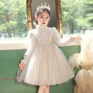 女童禮服輕奢小眾鋼琴演出服兒童生日公主裙主持人長袖花童裙秋冬 1953香檳色加絨+皇冠 130