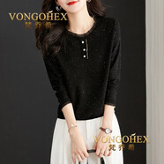 梵喬希品牌定制長(cháng)袖t恤女春秋新款洋氣小衫亮絲設計感漂亮針織溫柔上衣 黑色 L