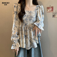 世希設計感法式復古碎花雪紡襯衫女春裝大碼胖mm顯瘦收腰遮肚藏肉上衣 藍色碎花 L [建議100-120斤]