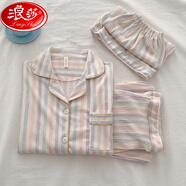 浪莎（LangSha）奶fufu純棉紗布睡衣女春夏季短袖長(cháng)褲短褲三件套裝可愛(ài)卡通家居服 鄒布-彩虹多巴胺短.袖+短褲+長(cháng)褲 M 女款75-100斤穿】