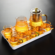 瓷牌茗茶具（cipaiming teaset） 透明玻璃茶具整套套裝家用功夫茶壺茶杯會(huì)客泡茶器 金蓋雅致六彩杯8件套+小長(zhǎng)方盤(pán)
