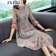 ZXEGI100%桑蠶絲真絲女士高端連衣裙中長款印花時尚減齡印花裙子 花色 S