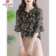 皮爾卡丹（pierre cardin）碎花雪紡襯衫女短袖夏季新款洋氣時(shí)尚襯衣荷葉袖上衣氣質(zhì)小衫 黑色 2XL 建議125-135