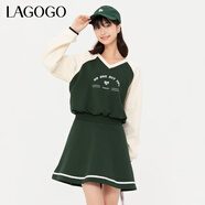 LAGOGO美式學(xué)院風(fēng)V領(lǐng)連衣裙女拉谷谷春季新款休閑撞色插肩袖裙子 綠米(LT) S 155/36