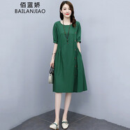 佰藍(lán)嬌2025夏季女裝新款高檔洋氣質(zhì)休閑小個(gè)子棉麻連衣裙女亞麻裙子夏天 墨綠色 L （建議115-125斤）