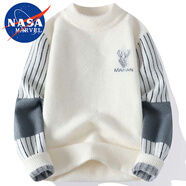 NASA MARVEL針織衫男秋冬仿水貂絨圓領(lǐng)毛衣加厚保暖衛(wèi)衣打底情侶裝 米白 2XL 