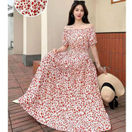 HGAI棉綢連衣裙夏天女2024年新款夏季中長(zhǎng)款沙灘裙一字領(lǐng)碎花裙大擺印 1號(hào) M 體重85-105斤