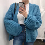 風(fēng)采兔毛衣女秋冬2023新款韓版氣質(zhì)v領(lǐng)針織衫女寬松溫柔風(fēng)開(kāi)衫毛衣潮ins 藍色 均碼