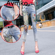 Avmko牛仔褲新款歐洲站時尚重工刺繡牛仔褲女高腰緊身顯瘦百搭小腳長褲 677金鳳凰款 26【85~97斤】【一尺九】
