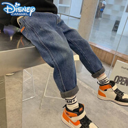 迪士尼（Disney）男童加絨牛仔褲2023冬新款兒童一體絨褲子中大童男孩加厚長(cháng)褲潮 藍色男童加絨牛仔褲 140