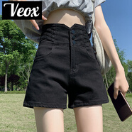 VEOX高腰牛仔短褲女夏季薄款設計感小眾a字超短褲辣妹熱褲 黑色(高質(zhì)量) S [_90-100斤]