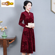 初徑媽媽加絨加厚連衣裙女中長(cháng)款長(cháng)袖金絲絨改良旗袍裙子大碼長(cháng)裙修身 紅色(不加絨) 2XL (建議105-120斤)