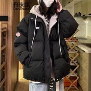丹珠娜假兩件棉服女裝短款2024年冬季新款學(xué)生寬松工裝外套加厚棉襖連帽 黑色 S