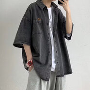 嘉曄（JIAYE）牛仔短袖襯衫男2024夏秋季薄款ins潮港風(fēng)休閑襯衣外套上衣潮 黑色 2XL