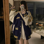 POUM夾克男復(fù)古條紋撞色棒球服男女同款春秋款美式國(guó)潮寬松外套男 BNGYL-8864藏青色 M 【建議100-115斤】