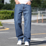 依男說衣牛仔褲男夏季薄款寬松直筒闊腿褲純棉彈力休閑大碼胖子復古褲子 淺藍【秋冬款】 42 （腰圍107cm=3.21尺）