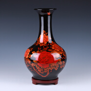 悅靈美 景德鎮陶瓷現代新中式家居紅牡丹花瓶插花擺件大號客廳電視柜裝飾品酒柜瓷器擺件 水晶釉黑色牡丹賞瓶+木底座