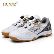 HUNNZ 品牌羽毛球鞋男透氣旋轉(zhuǎn)紐扣運動鞋2024新款專業(yè)訓練網(wǎng)球鞋女 白灰 40