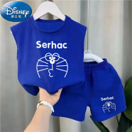 迪士尼（Disney）夏装新款男童背心套装小童宝宝夏天衣服儿童无袖短裤夏季两件套 蓝色大猫（一套) 80码（冰丝亲肤透气）