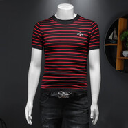 管先生短袖毛衣男春秋加厚短袖t恤條紋半袖針織衫刺繡小蜜蜂男裝打底衫 2105紅色 3XL 建議150-170斤