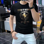 匡都（KRDUGBR）香港潮牌短袖T恤男輕奢夏季男裝燙鉆印花圓領(lǐng)半袖打底衫冰絲免燙 黑色A51 2XL 【140-155斤】