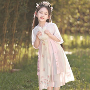 小咔衣濃漢服女童秋款裙子古風(fēng)連衣裙春季女孩古箏演出服兒童超仙古裝禮服 粉+香檳蝶戀花 110