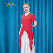 VOA30姆米真絲重磅V領(lǐng)短袖對(duì)稱尖角燕尾擺做舊原創(chuàng)時(shí)尚大紅T恤 BE586 夢(mèng)想紅(H06) M