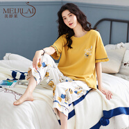 美即萊（MEIJILAI）帶胸墊睡衣女夏季純棉短袖七分褲套裝薄款寬松加大碼春夏款家居服 D 8833（無(wú)胸墊） 3XL （身高170-180體重160-180）