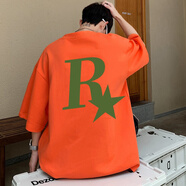 杜小閑 r星酒紅色短袖T恤男裝重磅大碼美式潮牌潮流復古oversize衣服男 橘色 S