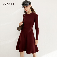 AMII極簡名媛風修身針織連衣裙冬新款純色顯瘦A字毛衣裙 波爾多紅 M