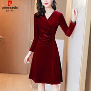 皮爾卡丹（pierre cardin）冬裝金絲絨連衣裙女春秋季2025新款簡(jiǎn)約洋氣v領(lǐng)氣質(zhì)長(cháng)袖紅色裙子 酒紅色 L 100-115斤