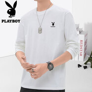 花花公子（PLAYBOY）純棉長袖t恤男春秋冬季男士潮流打底衫寬松大碼休閑圓領(lǐng)男裝上衣 白色 5XL(建議175-200斤)