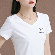 UNAEt恤女2025夏季薄款修身顯瘦百搭刺繡體恤韓版休閑女士V領(lǐng)新款短袖 8220102款白色 M