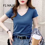 F1MAJE1T高端設(shè)計(jì)師品牌短袖T恤女修身V領(lǐng)百搭韓版雞心領(lǐng)半袖上衣2025新款 寶藍(lán)色 XL 111～120斤