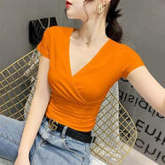 夏低胸性感短袖T恤女衣服修身顯瘦低領(lǐng)體恤短款上衣女粉色t恤短袖2022年新款低胸v領(lǐng)緊身高腰露臍 橙色 S 【適合86斤以下】