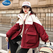 迪士尼童裝女童外套秋冬款2023新款洋氣加絨沖鋒衣大童女裝加厚冬 酒紅色 150 (XL)