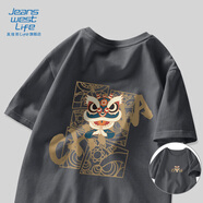 JEANSWEST LIFE真維斯國潮短袖t恤男夏季中國舞獅潮流半袖男大童純棉寬松打底衫