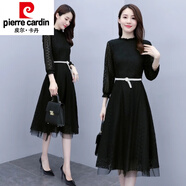 皮爾卡丹（pierre cardin）連衣裙女長袖2025年春秋季新款氣質(zhì)洋氣別致驚艷早春蕾絲裙子 黑色 L 建議105-115斤