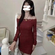 邦伊芙純欲風(fēng)一字肩連衣裙女初春收腰辣妹a字包臀短裙蕾絲鉤花長袖裙子 酒紅色【修身顯瘦】 M