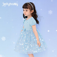 JELLYBABY女童連衣裙愛莎公主裙子夏季兒童女童短袖禮服裙艾莎公主裙連衣裙 藍色 120