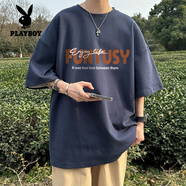 花花公子（PLAYBOY）純棉短袖t恤男重磅夏季2025新款寬松圓領(lǐng)體恤潮流潮牌男生半截袖 藏青 XL (125-140斤)