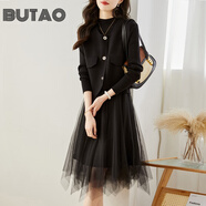 BUTAO女裝小香風連衣裙女秋冬新品小個子時尚兩針織網(wǎng)紗裙 黑色 L