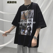 威廉爵馳短袖t恤男潮牌五分港風(fēng)百搭寬松半袖夏季男女學(xué)生情侶體印花T恤 黑色 S