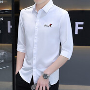 尡韻七分袖襯衣男新款彈力襯衣刺繡抗皺免燙夏季薄款韓版修身襯衫男 685白色 2XL