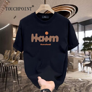 TOUCHPOINT輕奢潮牌雙紗圓領(lǐng)短袖T恤男夏冰絲涼感寬松大碼美式印花純棉體恤 A008短袖 黑色 2XL （160-180斤）