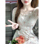 GOCHIEI夏季新款女裝不規(guī)則裙擺碎花連衣裙中長款法式溫柔風(fēng)收腰甜美裙子 粉色 S