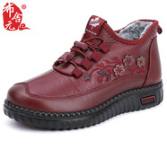布舍元冬季刺繡保暖一腳蹬平底媽媽棉鞋老北京布鞋女340-7069 紅色 40
