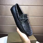 LOVEROOF豆豆鞋男新款韓版百搭皮鞋男編織軟底個性社會頭層牛皮休閑懶人鞋 黑色系帶 39