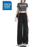 真維斯（Jeanswest）美式粉色工裝褲女秋冬新款潮流高腰寬松闊腿束腳休閑褲子女 黑色(長(cháng)褲) M